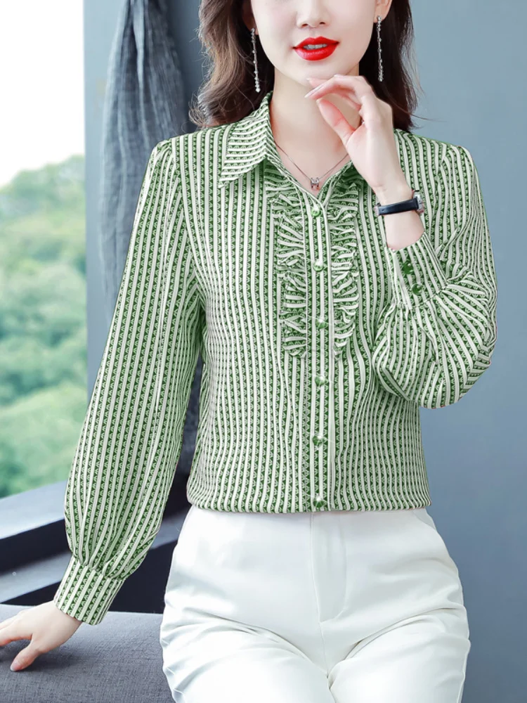 

Шелковая рубашка для женщин Весна 2023 женская одежда полосатая женская рубашка с длинным рукавом 4XL модные женские топы Элегантная блузка со...