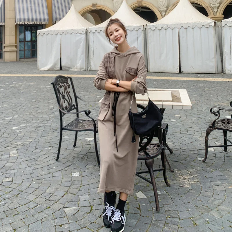 

Real shot dress for women's 2022 spring autumn stitching dress mid-length skirt retro long-sleeved hooded sweater dress female