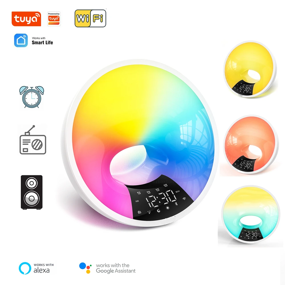 Tuya Smart Night Light WiFi RGB Multifunctional Atmosphere LED Lamp Alarm Clock FM Radio Wireless Speaker Voice for Alexa Google