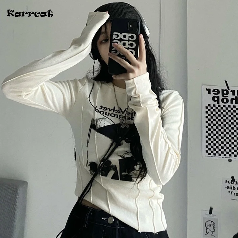 

Gothic Graphic T Shirts Punk Casual Sli T-shirt For Woen O Neck Long Sleeve Grunge Letters Print Tops Fashion Clothing