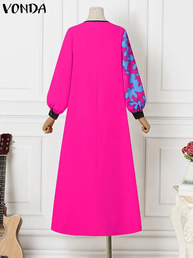 Plus Size 5XL VONDA Summer Bohemian Vintage Printed Dress Women Sexy Long Sleeve Pleated Party Maxi Vestidos Casual Loose Robe