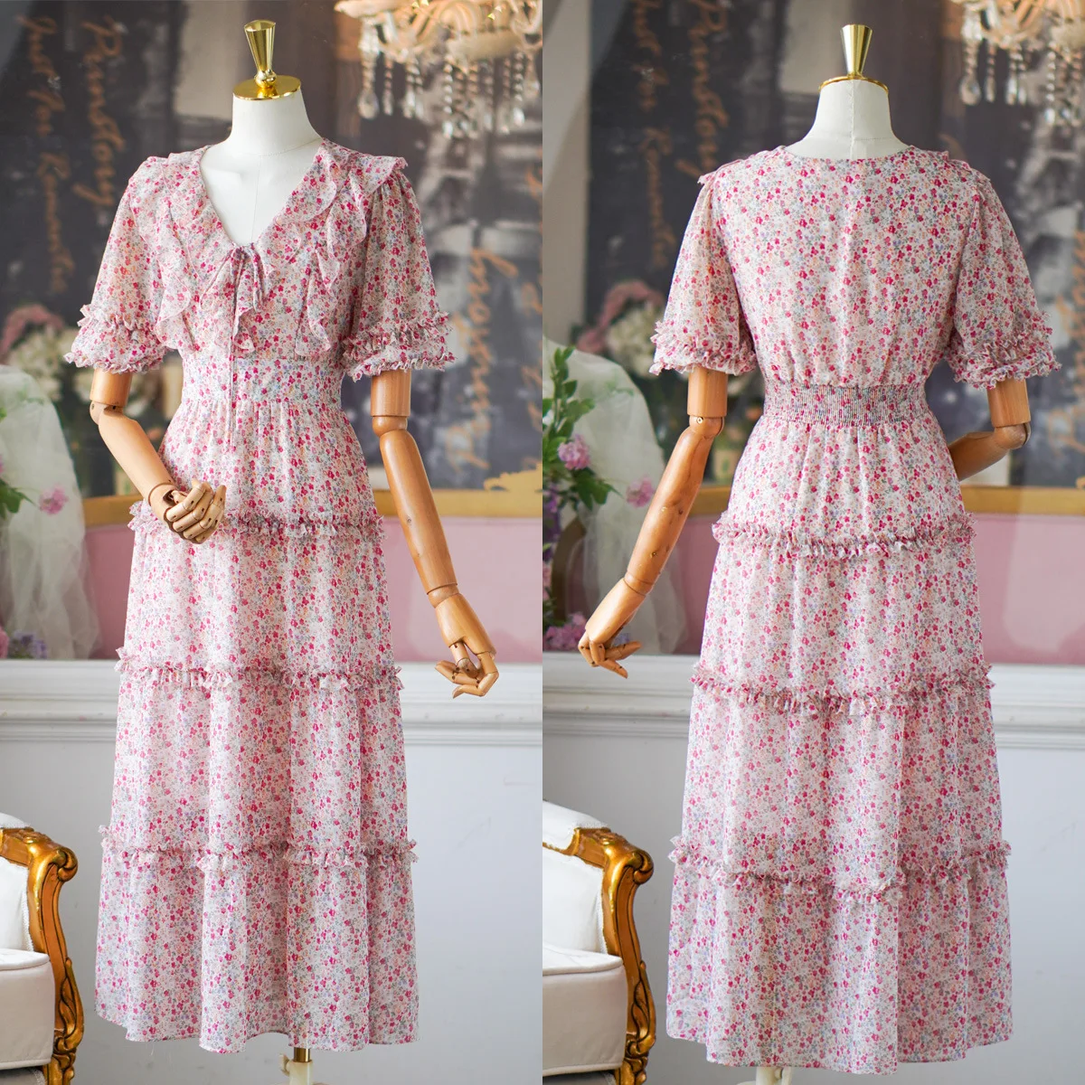 

Шифоновое платье-макси с глубоким V-образным вырезом, завышенной талией и оборками