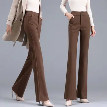 Vintage Commute High Waist Button Flare Pants for Female Autumn Winter New Fashion Casual Solid Color Trousers Womens Clothing 2