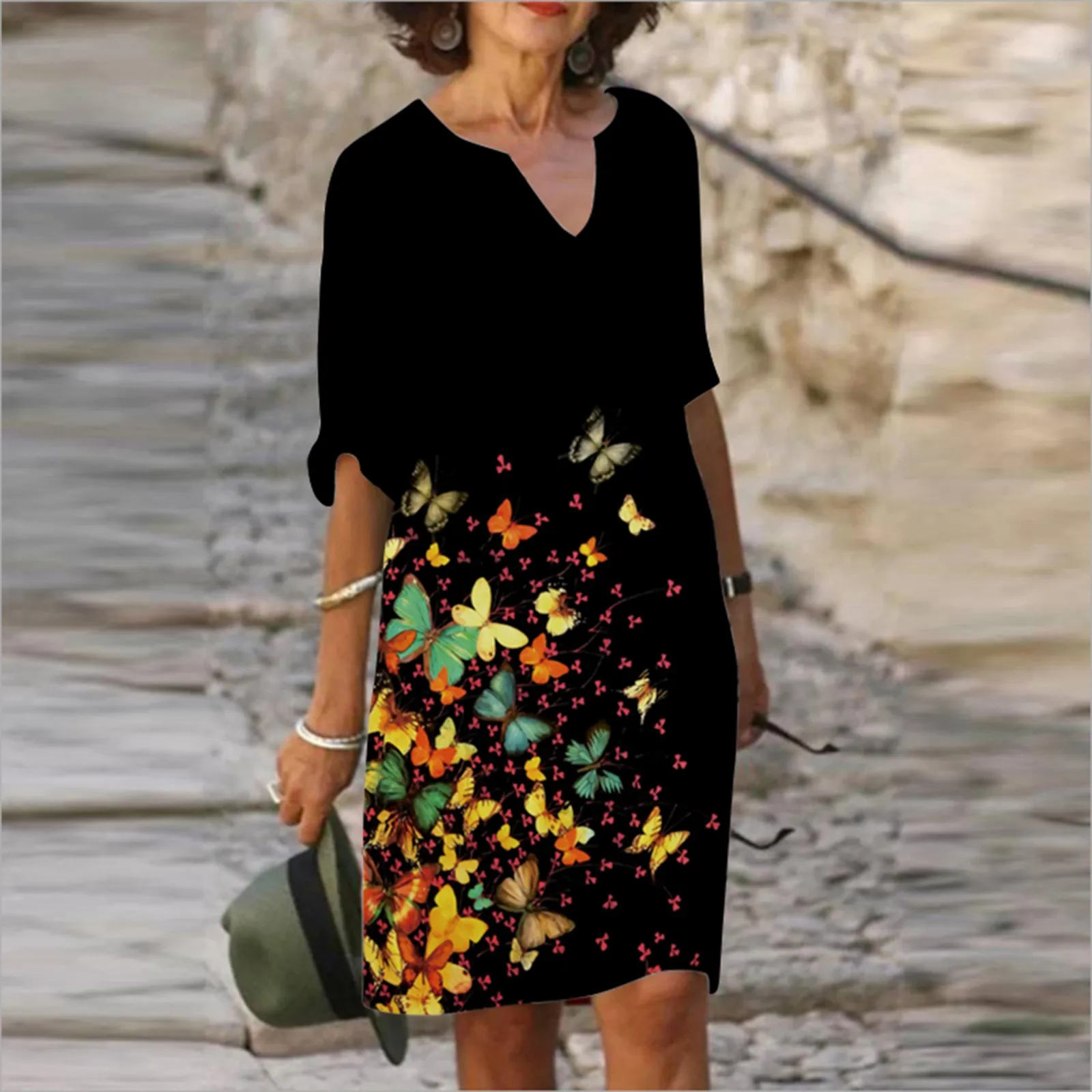 

Summer Dresses Size 14 Womens Dresses Half Sleeve V Neck Printing Knee-Length A-Line Maxi Dresses Autumn Casual Linen Wrap Dress