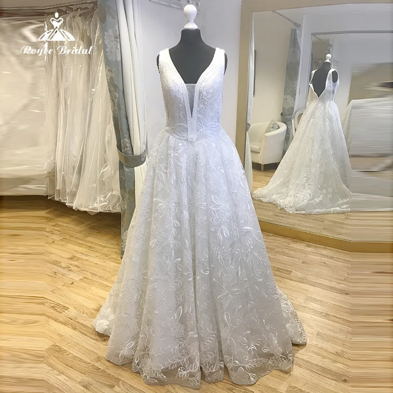 

Boho Wedding Dresses For Women 2023 Bride A-Line Sexy Deep V-neck Backless Sleeveless Lace Appliques Beading Sweep vestidos de