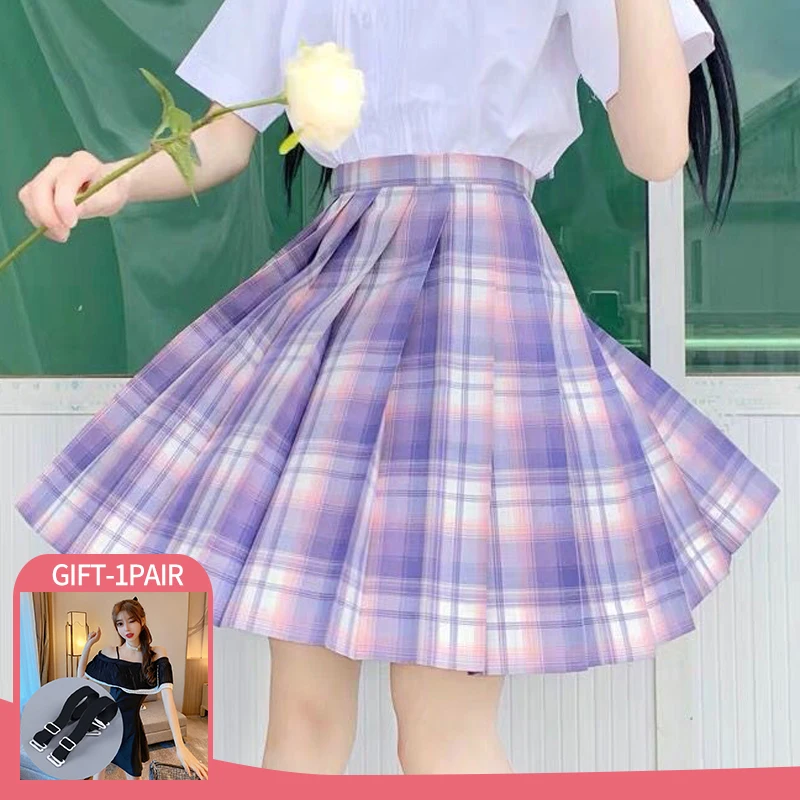 

Summer School Uniforms Pleated Skirts Women Plaid Cute Kawaii Preppy Style Harajuku A Line High Waist Mini Skirt Women Clothes