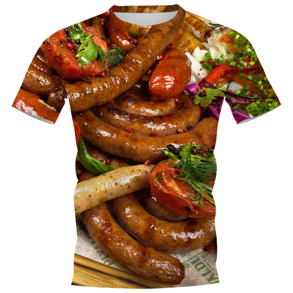 

CLOOCL Yummy Food T-shirts 3D Graphic Delicacy Grilled Sausages Pullovers Polyester All Printed Tees Harajuku Men Clothing