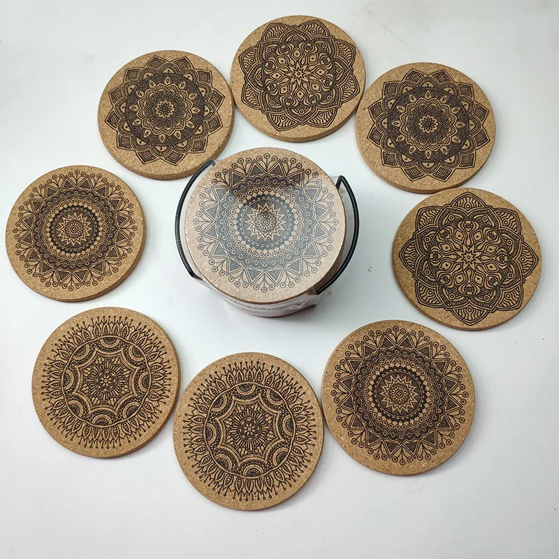 

Nordic mandala round cork coaster with bracket set potholder table mat placemat bowl mat pot mat wooden mat
