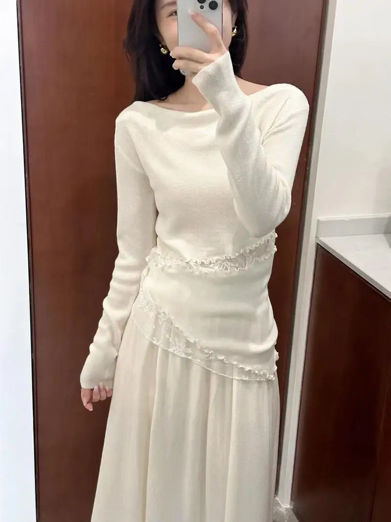 Кружевной вязаный топ с длинными рукавами и красивым дизайном в стиле пэчворк