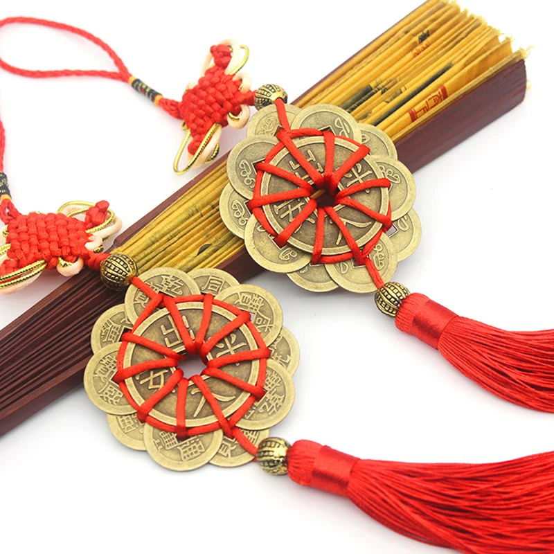 

1 шт. домашний автомобильный Декор 10 удачных красный китайский узел фэн-шуй набор очаровательные старинные I CHING монеты защита процветания у...