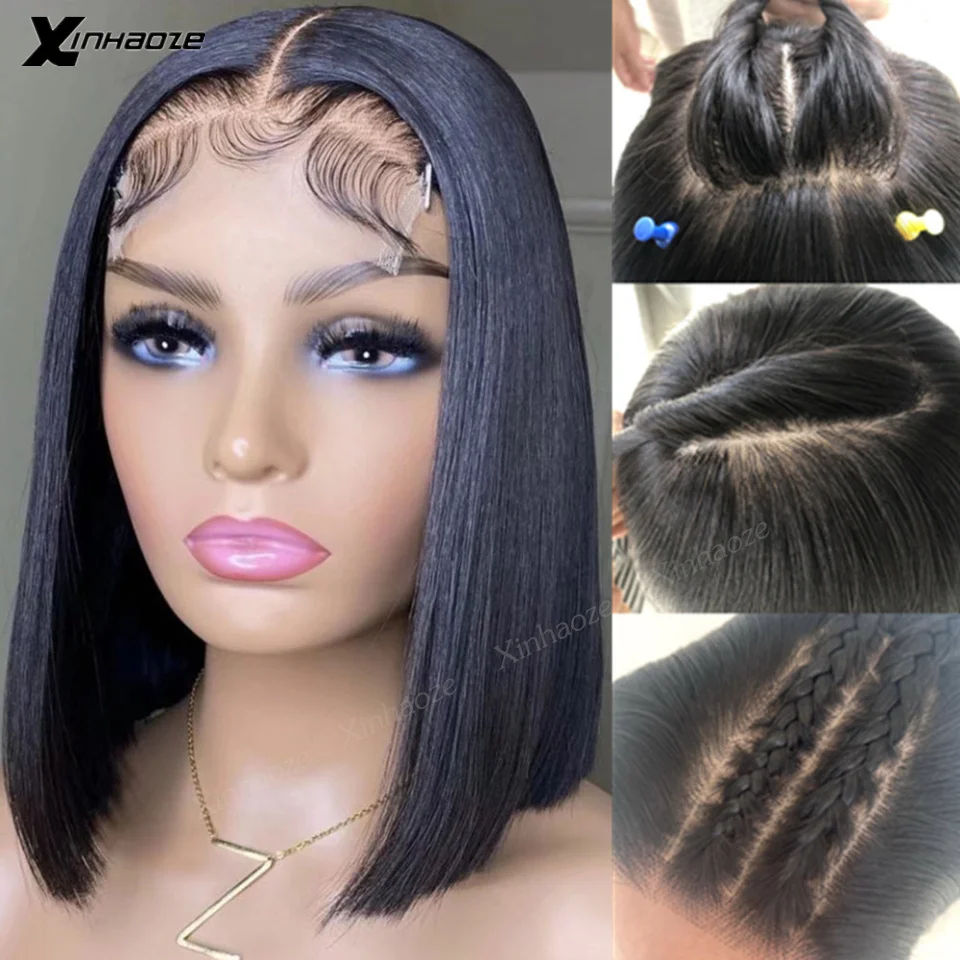 

5x5 PU Silk Base Scalp Top Wig Short Straight Bob Lace Front Human Hair Wigs Remy Peruvian 13x4 Lace Frontal Wig With Baby Hair