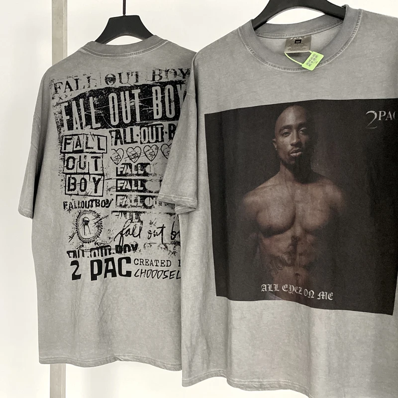 

High Quality Grey T-shirt Character Portrait Print Heavy Pound Do Old High Street Hip Hop Couple Short Sleeve Top Tee