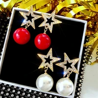 sweet full diamond star pearl earrings for women girls trend jewelry accessories gifts