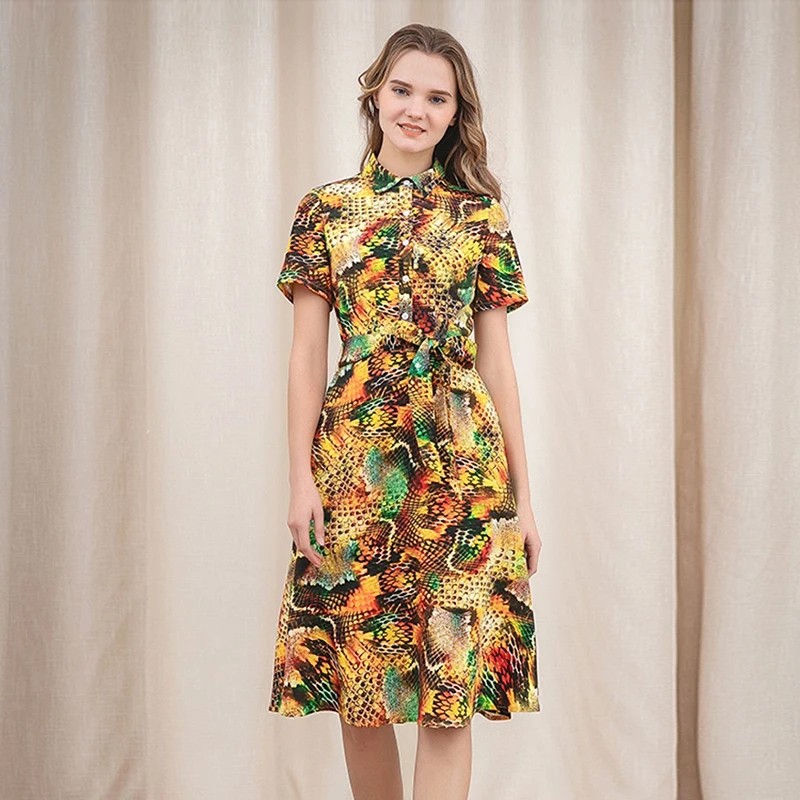 

Женское винтажное шелковое платье-рубашка, элегантное ТРАПЕЦИЕВИДНОЕ ПЛАТЬЕ из спандекса с поясом и принтом, модель A6813 на лето, 2022