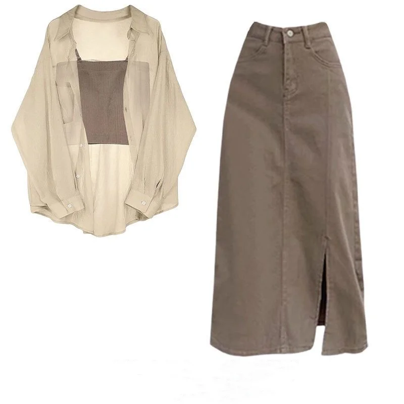 Женский Повседневный костюм Однотонная рубашка в полоску с топом и юбкой лето 2024