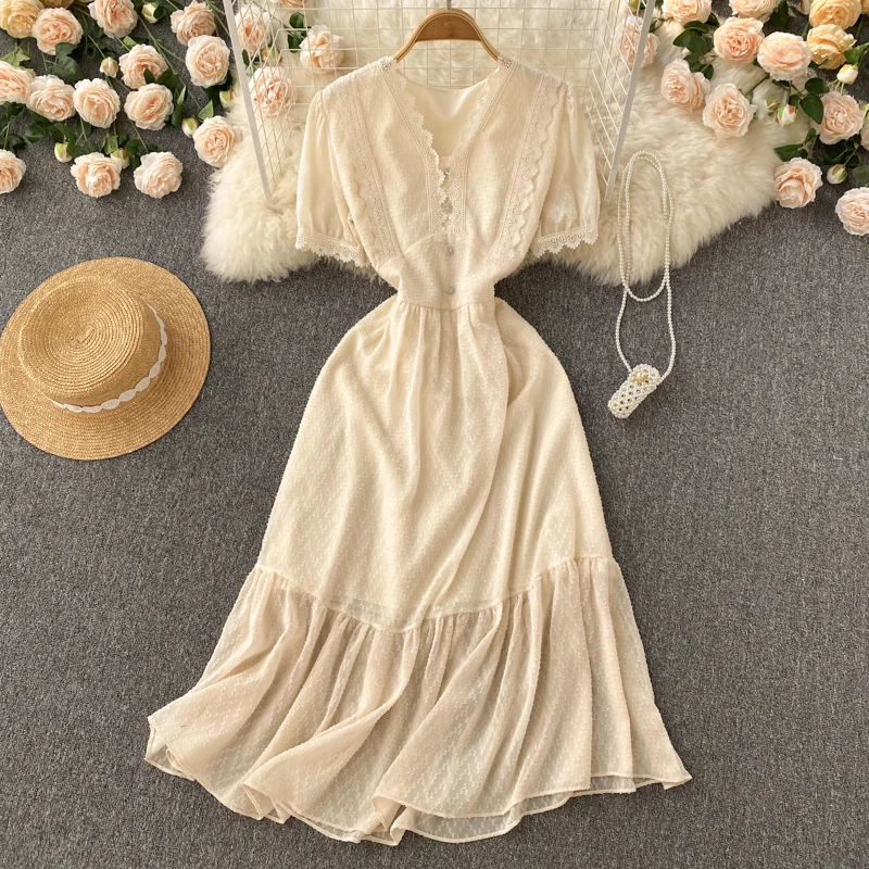 

Женское шифоновое платье с коротким рукавом WEIHAOBANG, однотонное Повседневное платье средней длины с V-образным вырезом и высокой талией, лето ...