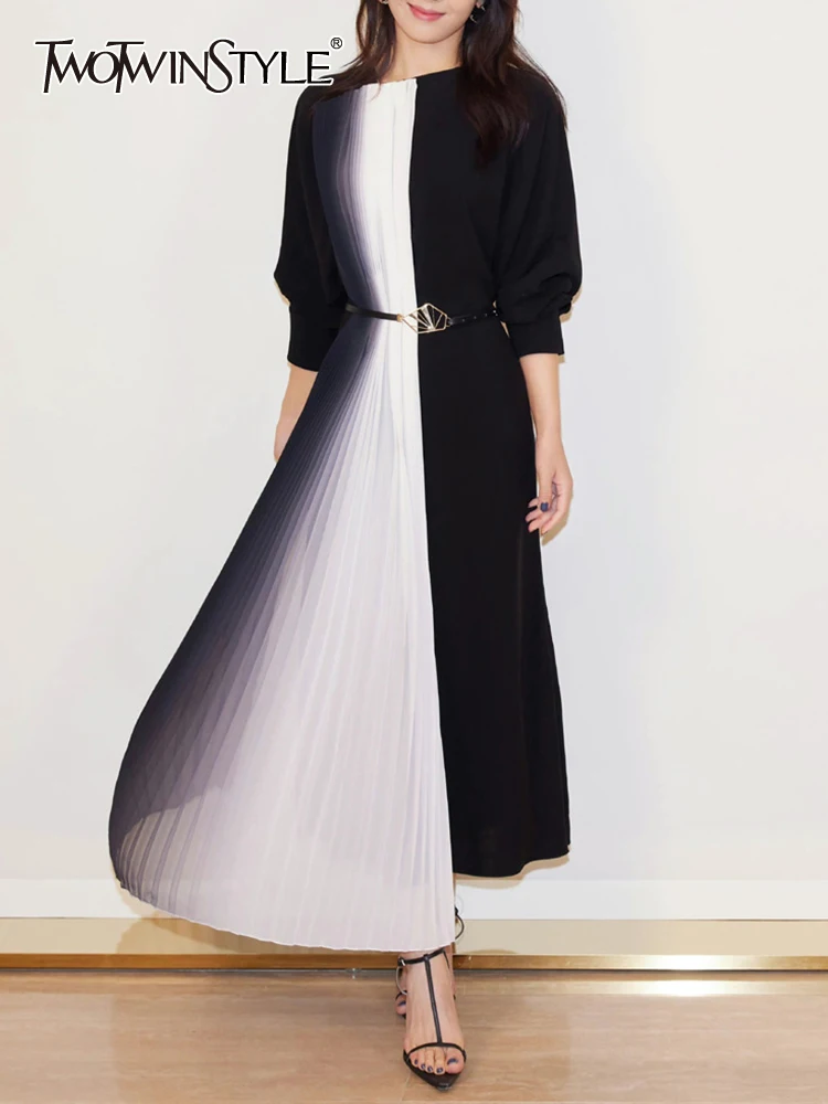 

TWOTWINSTYLE Colorblock Temperament Dresses For Women Round Neck Long Sleeves High Waist Patchwork Lace Up Dress Female Fashion