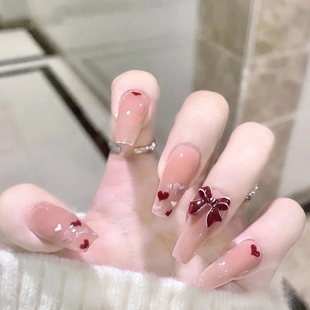 

24pcs Gentle Pink False Nails Glossy 3d Bow Fake Nails For Women And Girls Artificial Nails Salon Finger Toes Diy Pr Sale