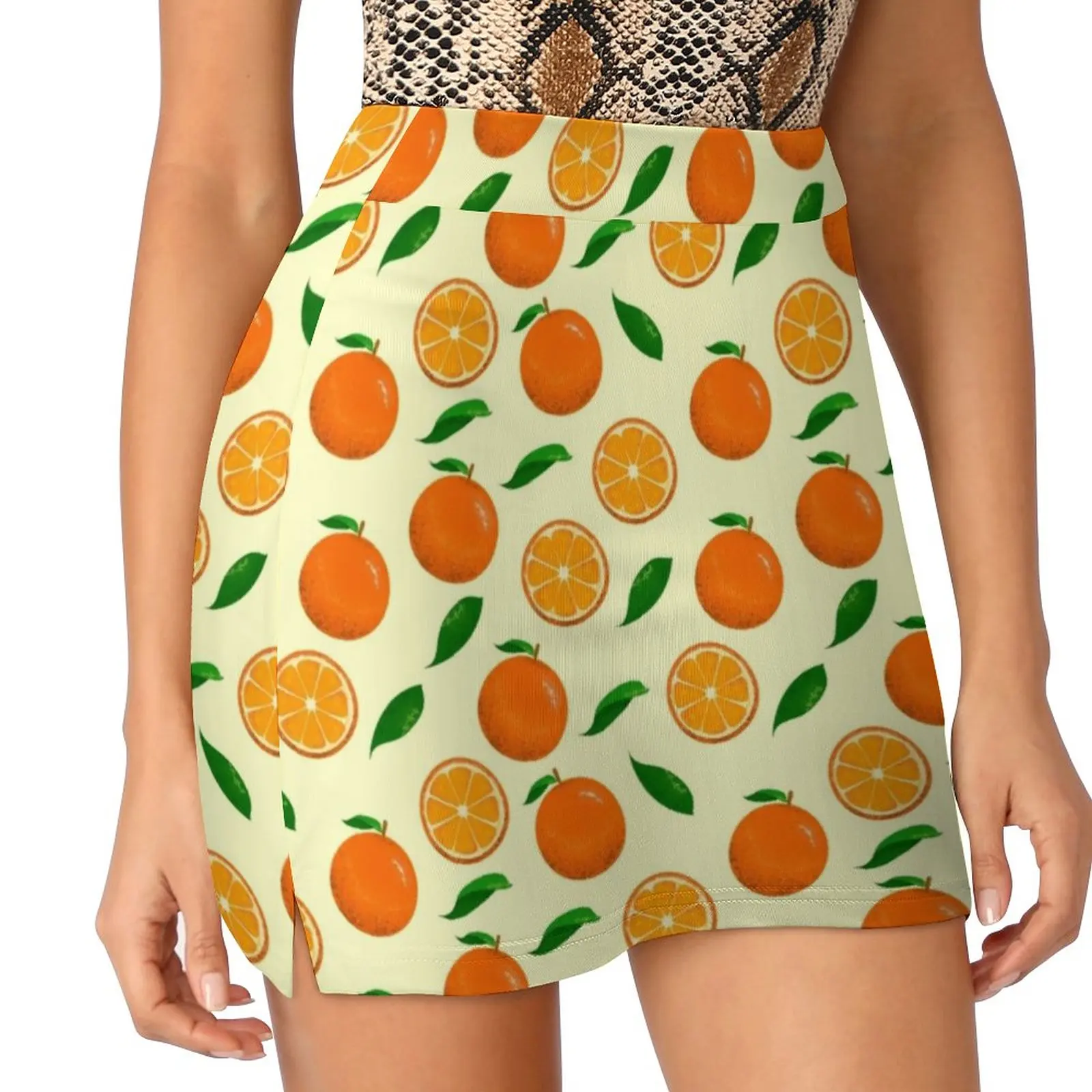 

Vibrant Oranges Skirt Fruit Leaf Print Street Wear Casual Skirts Female Retro Mini Skirt Graphic Bottoms Gift