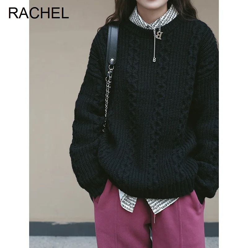 

Black Knitted Pullover Simple Lazy Style Classic Black Twist Sweater Winter 2021 Loose Round Neck Pullover Knitted Women