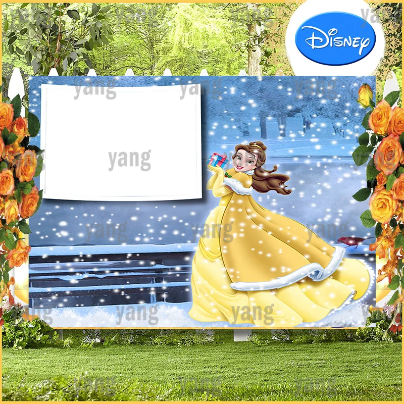 Enlarge Lovely Snowflake Ice Forest Disney Princess Beauty and the Beast Belle Photo Backdrop Romantic Party Backgrounds Decoration