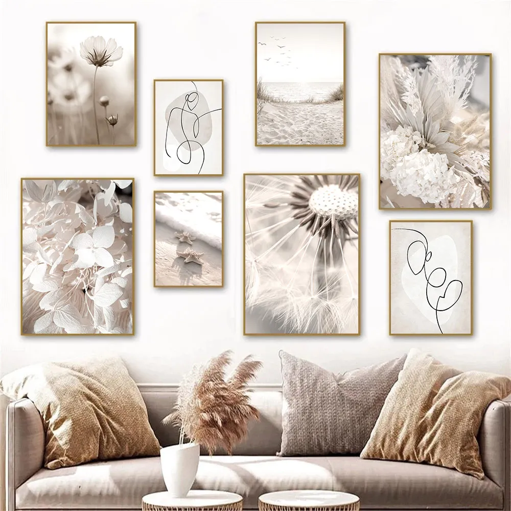 

Beige Dandelion Dried Flower Poster Painting Beach Bird Wave Canvas Print Lady Line Draw Posters Nordic Wall Pictures Home Decor