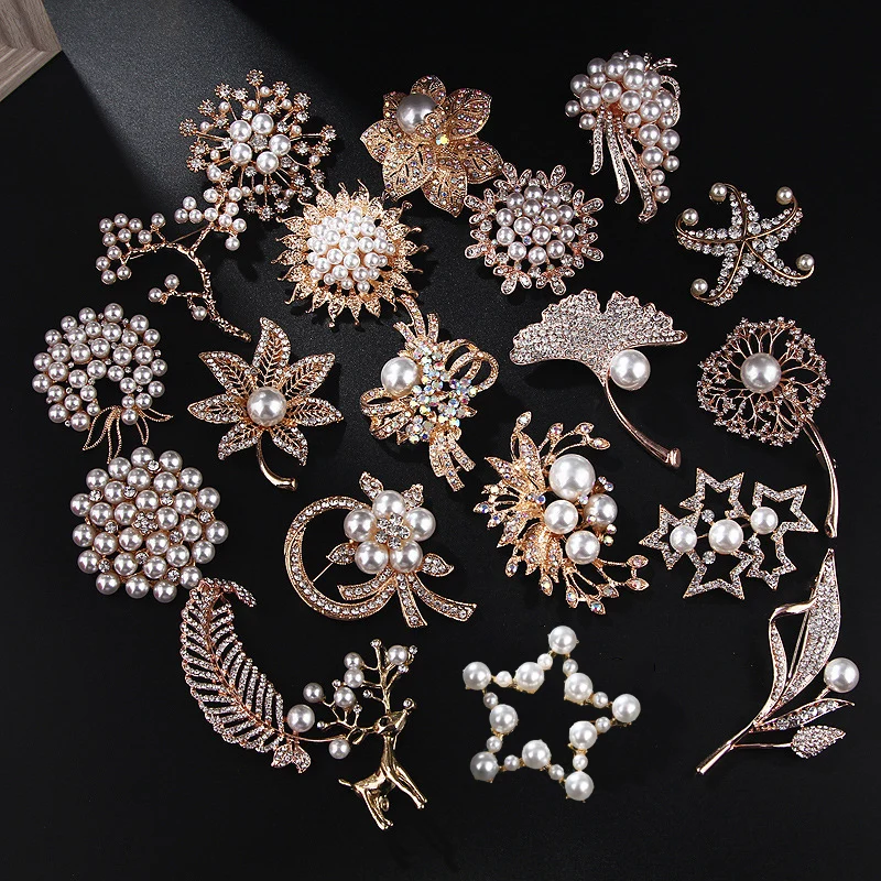 

KADRUFI Luxury Fashion Rhinestone Pearl Flower Leaf Brooch Pins for Women Bride Wedding Elegant Lapel Brooches Jewelry Gifts