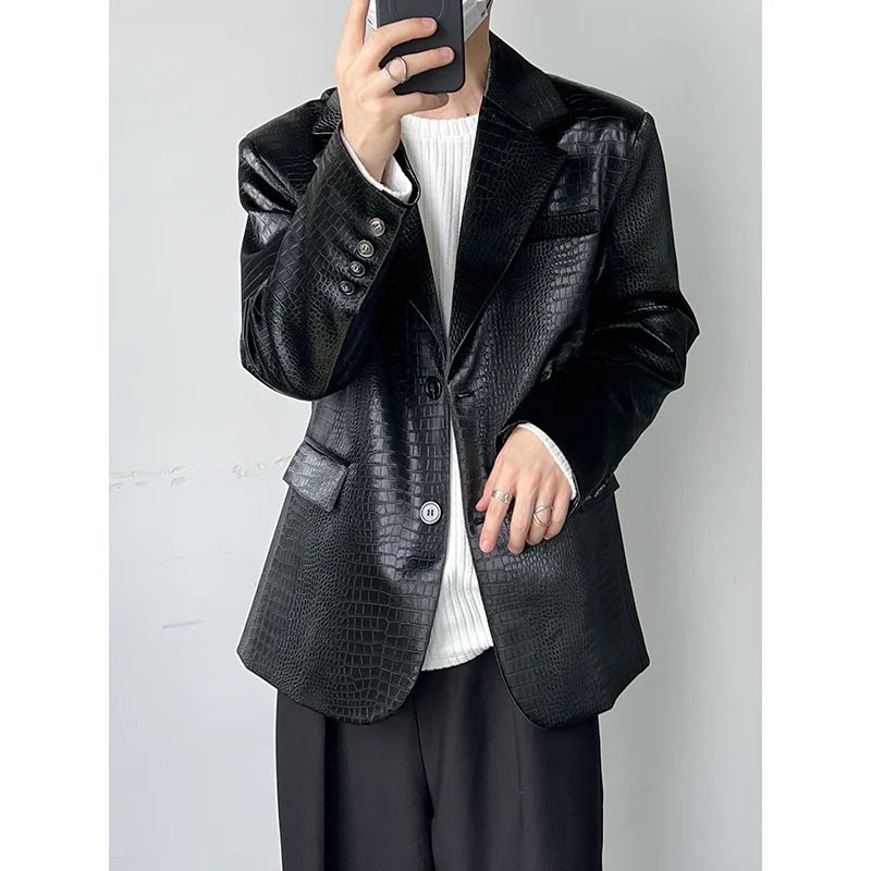 Coffee Black Leather Blazer Men Fashion Social Mens Dress Jacket Korean Loose Casual Suit Jacket Mens Motorcycle Jacket M-XL