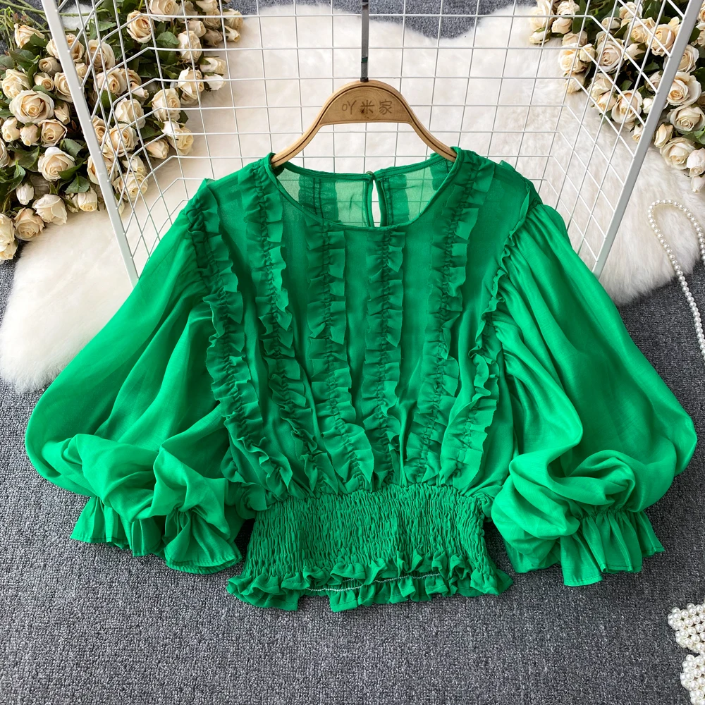 

Runway Summer Sweet Design Lantern Sleeve Pleated Pullover Chiffon Shirt Women's Round Neck Solid Color Casual Loose Tops