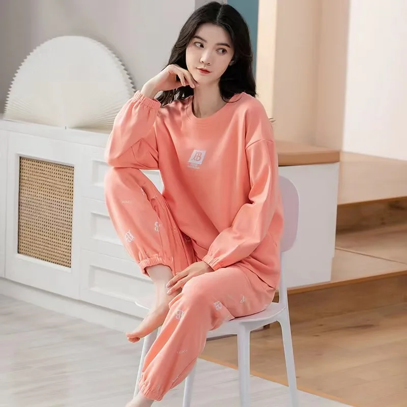 Summer new women's cotton pajamas set long-sleeved trousers thick home wear loose plus size two-piece plus size