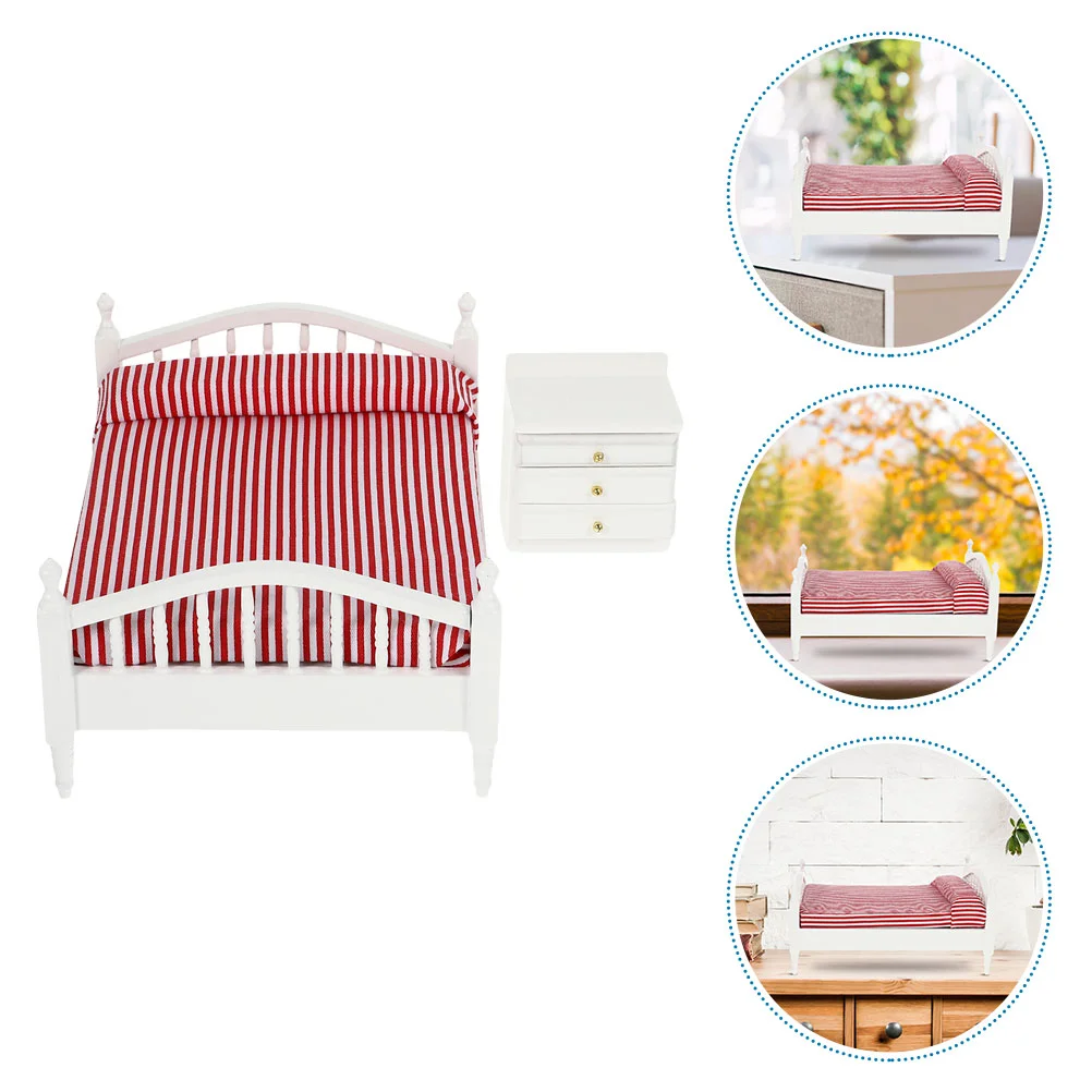 

Dollhouse Double Bed Miniature Furniture Model Home Accessories Wood Night Table White Nightstand Toy