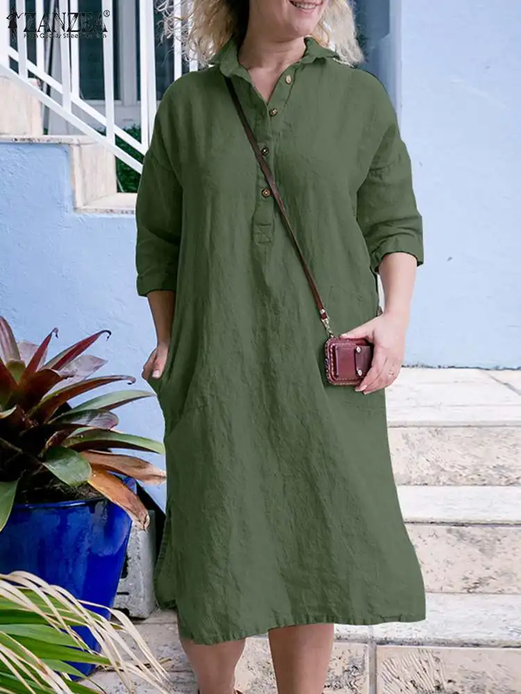 

Осенние платья до середины икры ZANZEA, однотонное платье-рубашка с длинным рукавом, модные элегантные винтажные платья, офисные платья