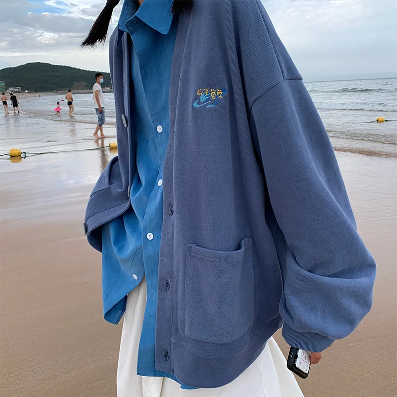 

Embroidery Knitted Cardigan Women Spring Autumn 2023 Long Sleeve Tops With Pocket V Neck Female Cardigan Ribbed Loose Stylish