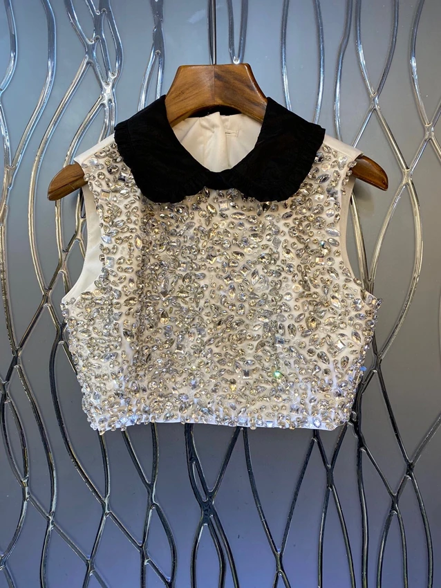 

2023 new women fashion sleeveless sexy casual doll collar hand nail drill short shirt wild top 0424