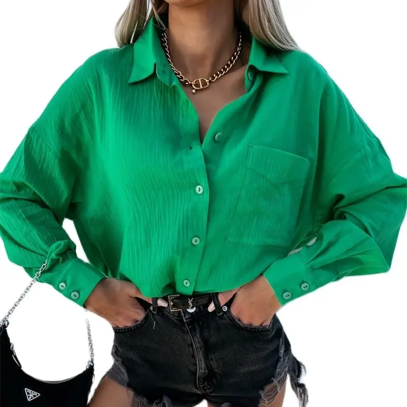 

Новинка, Женская однотонная Весенняя блузка, свободная Стильная женская рубашка с длинным рукавом, модная осенняя одежда на пуговицах, 4 цве...