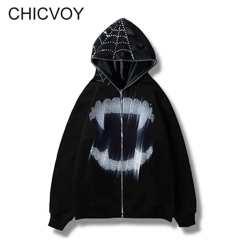 

CHICVOY Teeth Rhinestone Y2K Zip Up Hoodie Harajuku Sweatshirt Goth Streetwear Unisex Pullover Grunge Sudadera Oversized Jacket