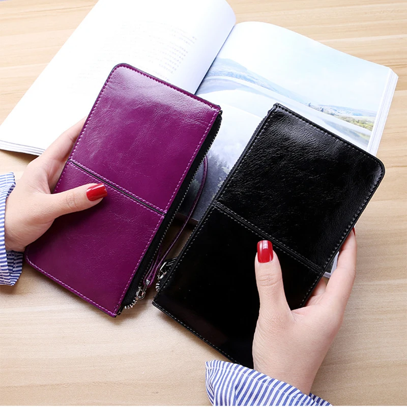 Women's Vintage Oil Wax Leather Zipper Clutch Bank Female Large Capacity Coin Purse Ladies Wristband Simple Card Holder Wallet