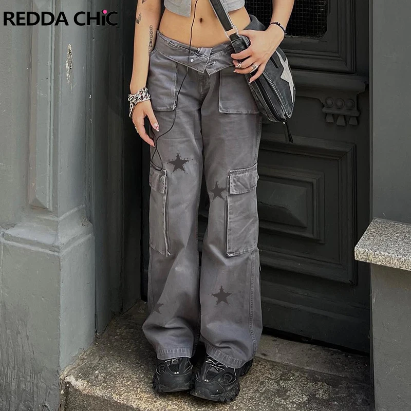 REDDACHiC Acubi Fashion Cargo Pants Star Jeans Women Gyaru Harajuku Grunge Y2k Pants Retro Gray Baggy Jeans High Waist Trousers