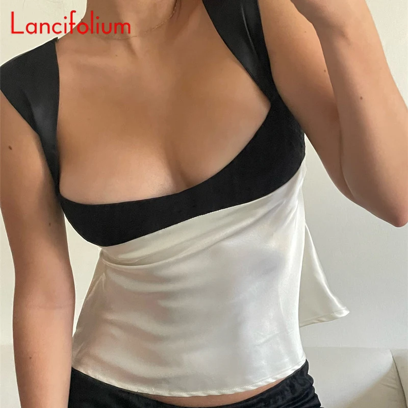 

Sexy Satin Patchwork Tank Crop Top Y2k Fashion Club Contrast Deep Neck Backless Bandage Cute Summer Women Camisole Tank Top 2023