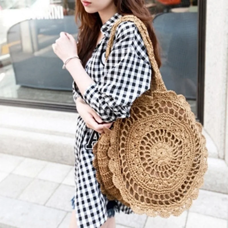 

Straw Beach Bag Vintage Handmade Woven Shoulder Bag Large Circular Flower Hollow Out bags Bohemian Summer Vacation Casual Bags