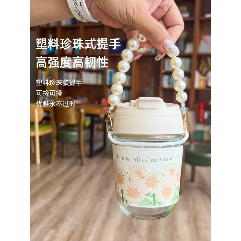 

300ml Good-looking Glass Water Cup Girl Coffee Cup with Straw Fresh Girl Double Drink Ins Tumbler Small Portable Water