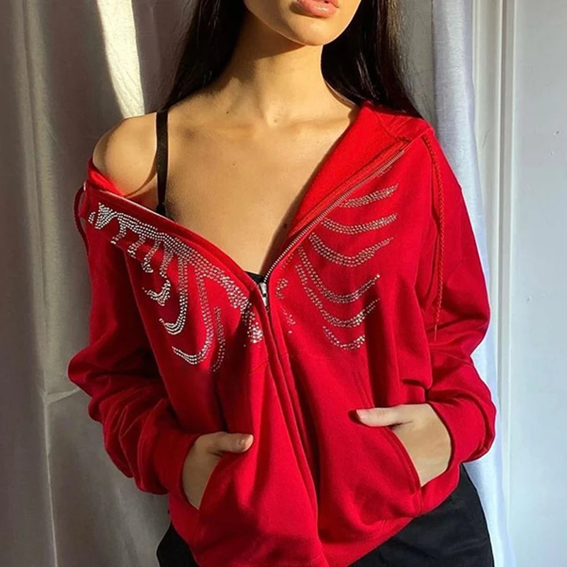 

E-harajuku Gothic Y2k Hoodie For Women Rhinestone Jacket Women Grunge Style Hot Sexy Red Hoodie Zip Up Oversized Skeleton Hoodie