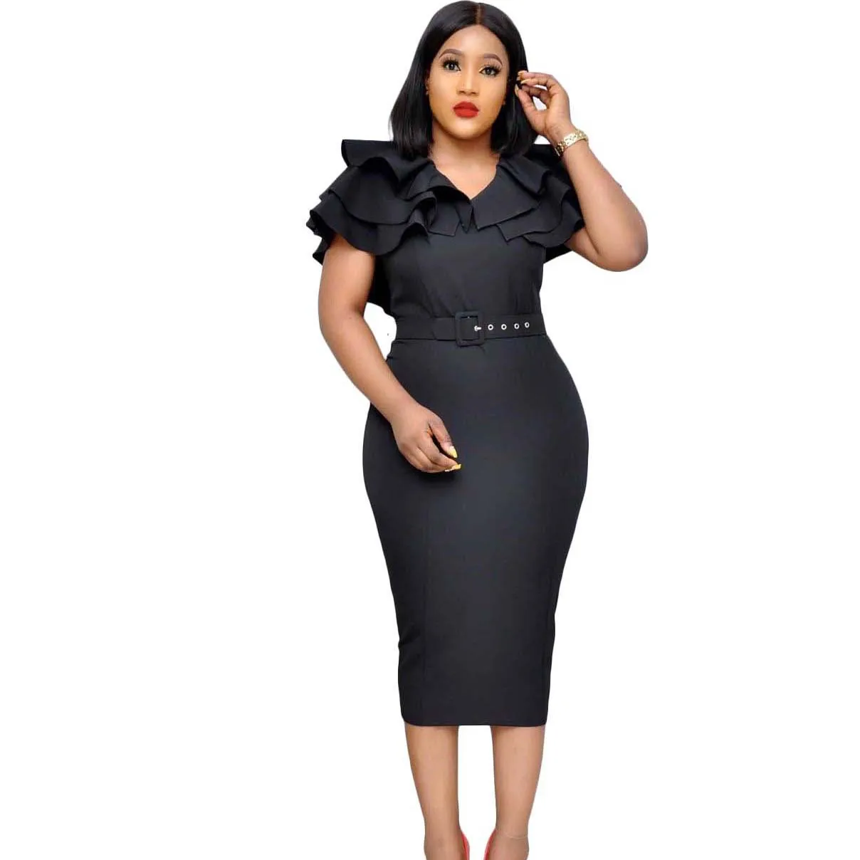 

Women African Dress Ruffles Short Sleeve OL Vestidos Office Lady Pencil Dresses Plus Size Vestido De Mujer 2022 Summer Clothing