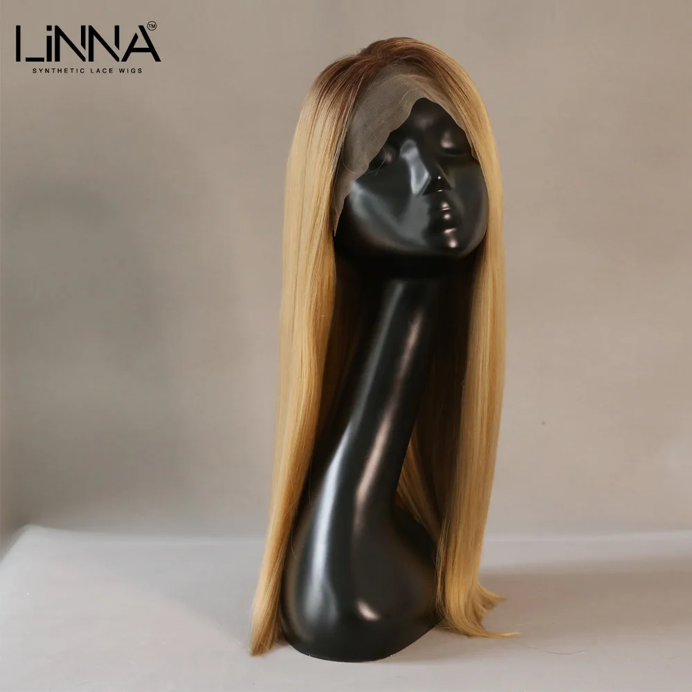 

LINNA Long Straight Synthetic Lace Wigs Ombre Blonde Wig 20 Inch Side Part Lace Density Heat Resistant Cosplay Wig For Women
