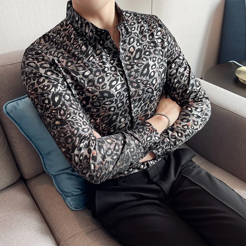 Leopard Print Shirt for Men British Style Slim Long Sleeve Casual Shirt Business Dress Clothing Social Party Streetwear Blouse
