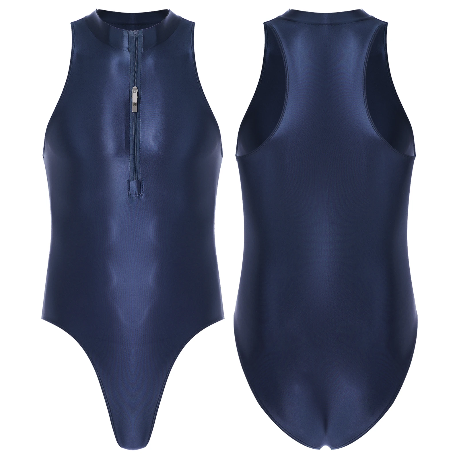 

Mens Glossy Sleeveless Bodysuit Swimsuit Solid Color Double Zipper Front Leotard Swimwear Nightwear Bodysuit