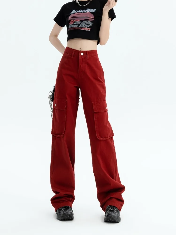 

GUUZYUVIZ Multi Bag Casual Wide Leg Cargo Pants Loose Red Jeans Woman