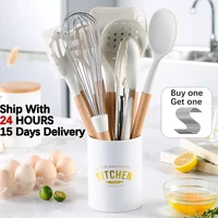 white cooking kitchenware tool silicone utensils with wooden multifunction handle non stick spatula ladle egg beaters shovel