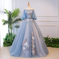 elegant dark blue embroidery formal prom dresses off the shoulder puffy sleeves evening party gown robe de soiree vestidos festa