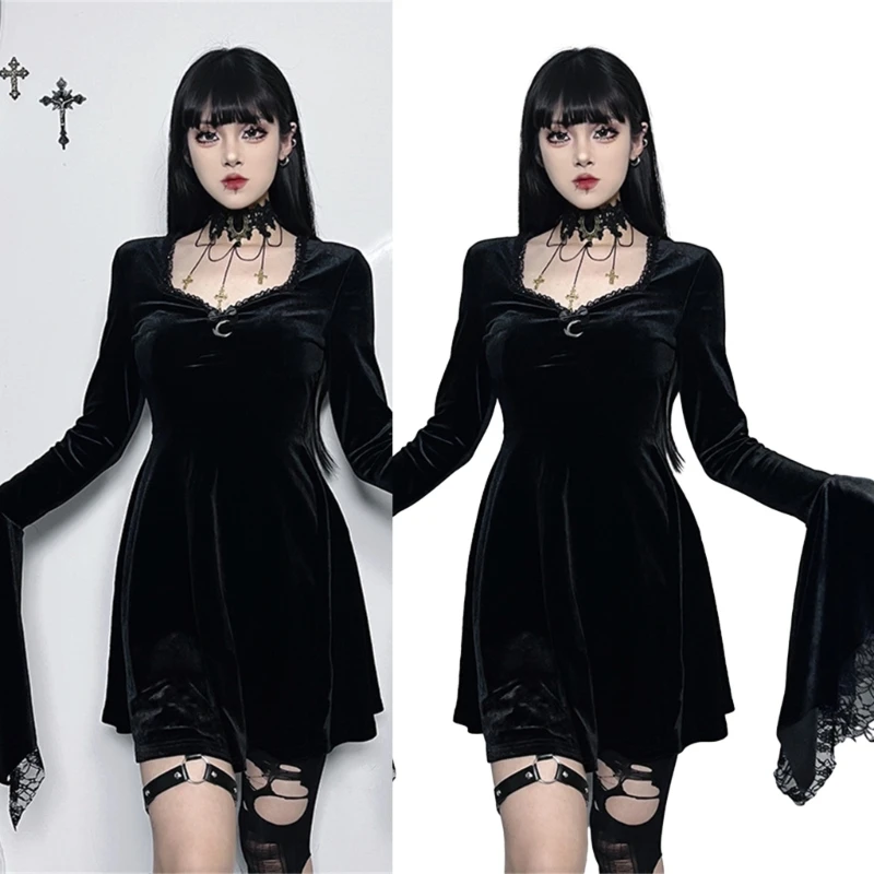 

Модное кружевное готическое платье с длинными рукавами на Хэллоуин идеально подходит для уникального и стильного образа